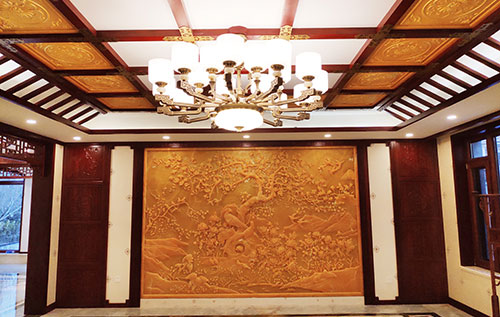 安次中式别墅客厅中式木作横梁吊顶装饰展示